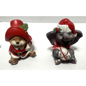 Homco Ceramic Christmas Bear & Elephant Figurines 3” Vintage Cute Kitschy